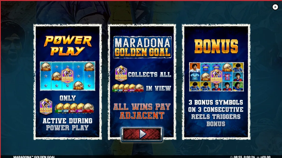 Interface do jogo de slot Maradona Golden Goal com elementos de futebol e jackpot