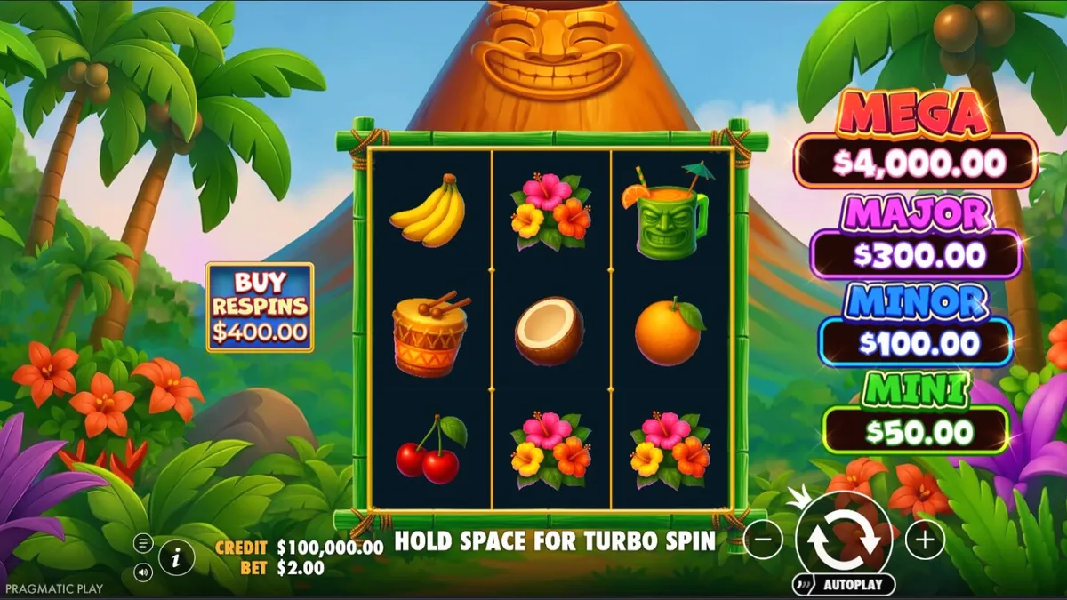 Interface de jogo do slot Super Tiki Strike com tema tropical